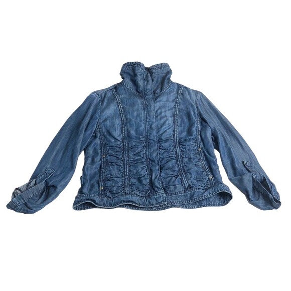 Coldwater Creek Jacket Women 8 Blue Chambray Ruched Roll Tab Sleeve Snap Shacket - Picture 2 of 16